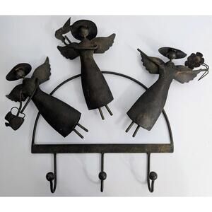 Whimsical Magical Vintage Metal Rustic Garden Angels multipurpose rack 3 Hooks